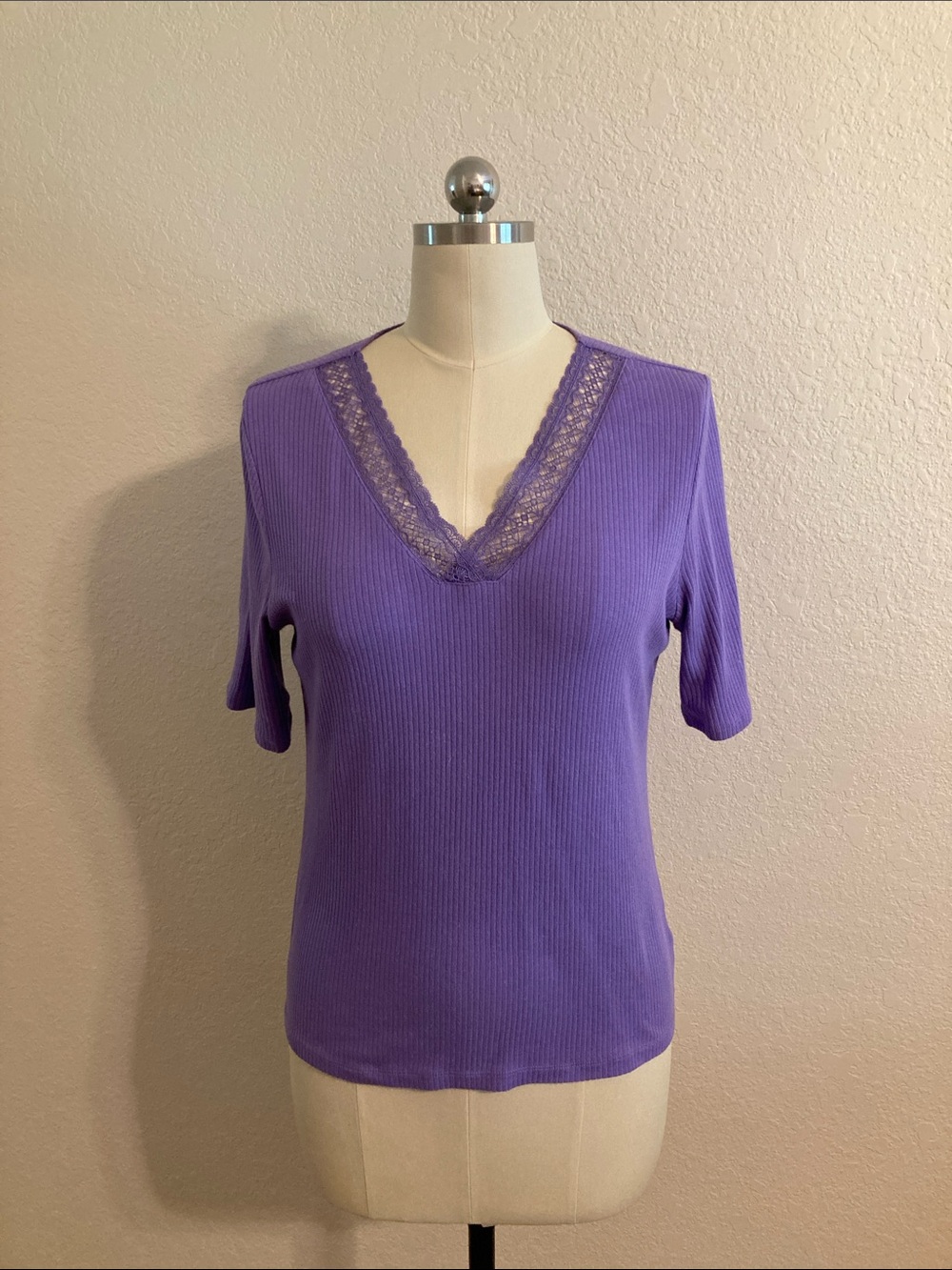 Talbots Lavender Lace-Trim Ribbed V-Neck Tee